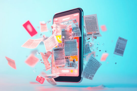 Smartphone screen exploding with digital news articles and notifications, representing information overload and media consumption