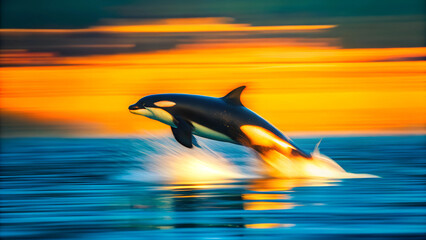 A telephoto shot of an orca leaping out of the water