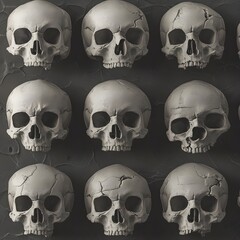 Nine Human Skulls on Black Background