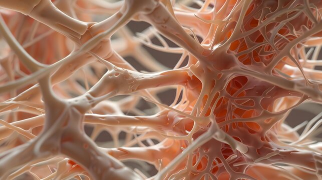 A detailed close-up of ligaments as connective tissue linking muscle to bone, tightly woven fibers, rich texture, high-resolution