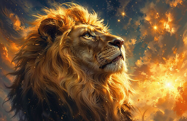Naklejka premium Lion in the sky. Fantasy illustration of a male lion.
