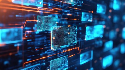 Abstract digital background with glowing lines and data squares.