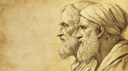 Fototapeta premium Biblical Scene of Manasseh and Amon’s Reigns: The Lord Allows Manasseh’s Return to Jerusalem, Beige Background