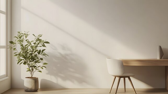 209. Elegant minimalist workspace featuring a sleek chair, small plant, and neutral decor