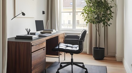231. Clean and organized desk featuring a sleek black chair, small plant, and neutral tones