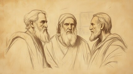 Fototapeta premium 1 Kings Scene: Solomon Consults with Advisors, Displaying Wisdom in State Affairs, Biblical Illustration with Beige Background