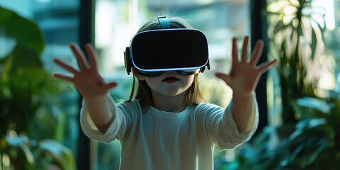 Young girl is immersed in a virtual reality experience, reaching out to touch planets projected in the air around her. She is captivated by the immersive technology