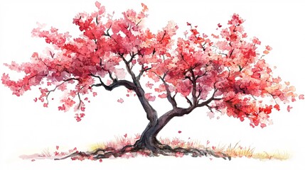 Fototapeta premium 19. Vector watercolor blooming flower tree side view isolated on white background for landscape and architecture drawing, elements for environment or and garden, Sakura trees for section. Serene