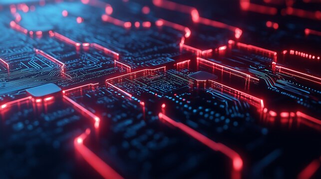 Abstract Digital Blockchain Data Streams . Vibrant digital blocks are linked by nodes in a conceptual blockchain network, representing data and connectivity