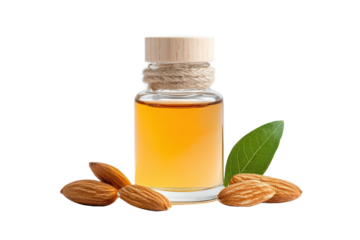 A bottle of almond oil with almonds and a green leaf, perfect for health, beauty, and culinary uses.