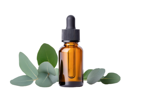 A brown glass dropper bottle surrounded by green eucalyptus leaves, ideal for essential oils or herbal extracts.