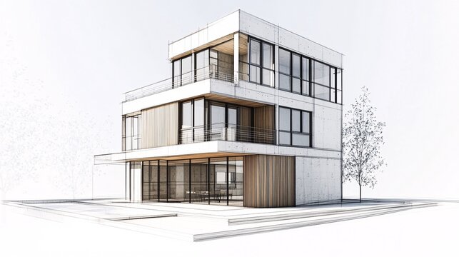 33. House building sketch architectural 3d illustration. Technical drawing of a multi-story house, highlighting floor plans and elevation views.