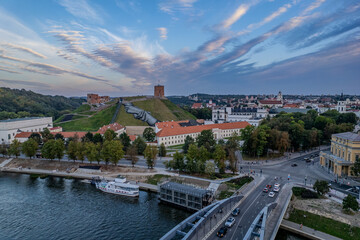Aerial summer evening view of Gediminas Castle Tower hill, Vilnius old town, Lithuania