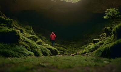Man exploring cave covered in green moss