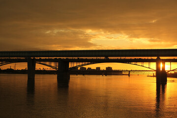 bridge at sunset, Novosibirsk bridge over the Ob river.