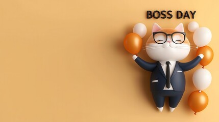Cat wearing a business suit, celebrating Boss Day with balloons, 3D illustration