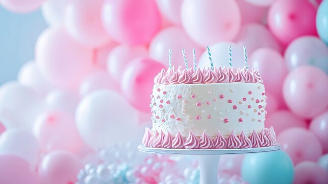 Birthday Cake on a background balloons party decor. Copy space. Trendy Cake. Delicious wedding reception. Celebration baptism concept. Trendy autumn decor.