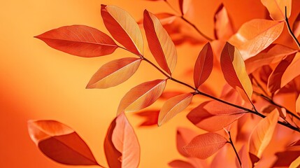 A close-up of orange leaves in autumn against a rich orange backdrop, symbolizing the fall season and change.