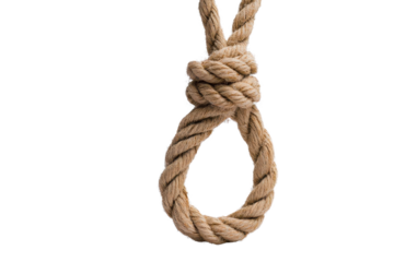 Close-up of a knotted rope loop hanging against a plain background; perfect for concepts of restraint and tension.