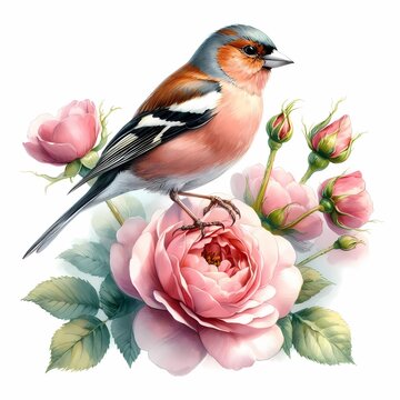 recommend clip art: Chaffinch bird sitting on a rose bush. Realistic botanical illustration