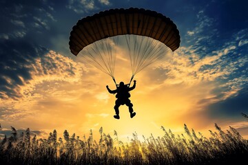 Silhouette skydiver parachutist landing