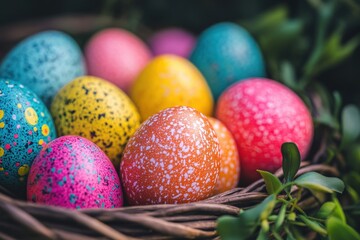 Colorful holiday eggs collected in a basket