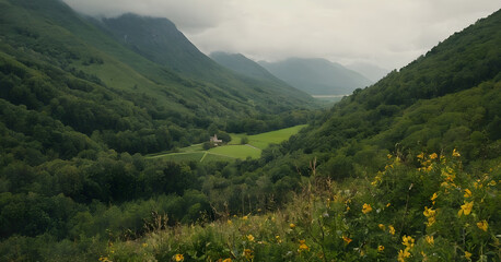 Fototapeta premium Lush green mountain valley is opening up on a cloudy summer day