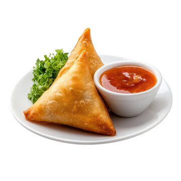 Delicious samosas served with tangy sauce and fresh greens, perfect for appetizers or snacks. A savory delight for every palate.