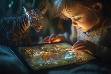 Child is interacting with a 3d animation of wild animals projected from a tablet, enjoying augmented reality technology