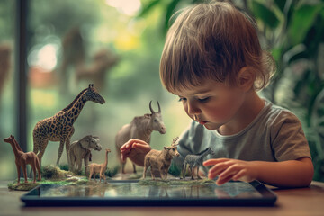 Child is interacting with a 3d animation of wild animals projected from a tablet, enjoying augmented reality technology