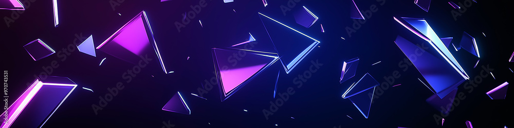 Wall mural Abstract background with floating geometric shapes. Blue and purple 3D objects on black backdrop