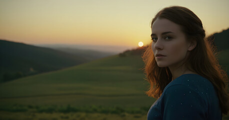 Fototapeta premium Young woman standing in rolling hills at sunset