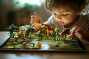 Child is interacting with a 3d animation of wild animals projected from a tablet, enjoying augmented reality technology