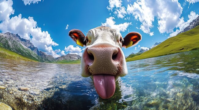 Une vache tirant la langue et se l&eacute;chant les babines, debout au bord d'un lac alpin, ciel bleu avec des nuages blancs.