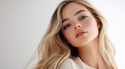 Fototapeta premium Une fille blonde, âgée de 20 ans, peau impeccable, sur fond blanc, représentant les services offerts par un spa ou un salon de maquillage, image avec espace pour texte.