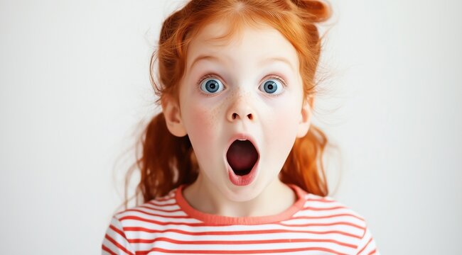 Portrait en gros plan d'une petite fille mignonne et dr&ocirc;le avec une expression faciale surprise, un enfant choqu&eacute; et &eacute;mu regardant l'appareil photo, isol&eacute; sur un fond blanc. 