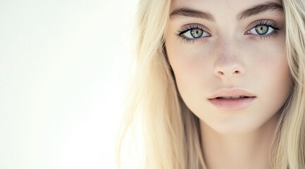 Naklejka premium Gros plan du visage d'une fille blonde aux yeux clair, peau impeccable, sur fond blanc, représentant les services offerts par un spa ou un salon de maquillage, image avec espace pour texte.