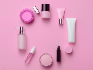 Flatlay of beauty products arranged in a circular pattern on a pastel pink background, minimalist, soft lighting, top view