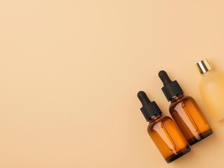 Flatlay of serum bottles on a beige surface, minimalist style, clean layout, top view