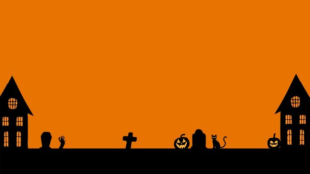 Halloween animated footage landscspe with cemetery, pumpkin, house, cat, hand zombie on orange background