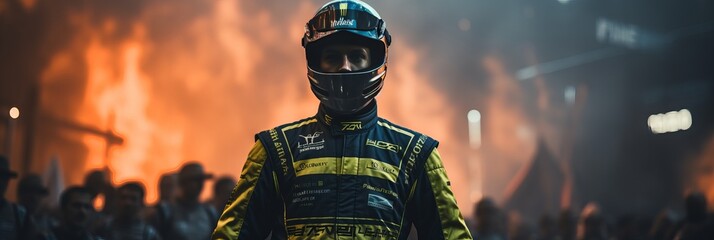 Racing driver stands confidently against a dramatic night backdrop of flames