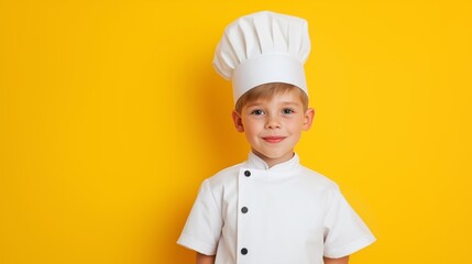 A young aspiring chef proudly poses in a white chef's uniform and hat against a bright yellow background, showcasing a passion for cooking.