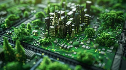 Obraz premium A vibrant green cityscape integrated into a circuit board, showcasing harmony between nature and technology.
