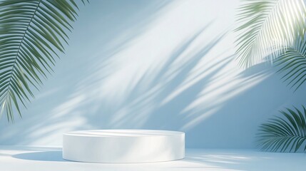 Fototapeta premium 102. White podium on pastel blue background with palm leaves and sunlight elements, 3D rendering illustration. Minimalistic white pedestal with palm leaf shadows and gentle sunlight on a pastel blue