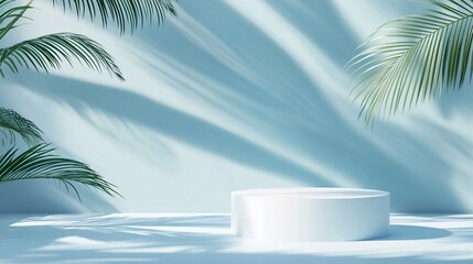 Fototapeta premium 102. White podium on pastel blue background with palm leaves and sunlight elements, 3D rendering illustration. Minimalistic white pedestal with palm leaf shadows and gentle sunlight on a pastel blue