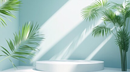Fototapeta premium 105. White podium on pastel blue background with palm leaves and sunlight elements, 3D rendering illustration. Clean white podium illuminated by soft sunlight, framed by palm leaves on a calming