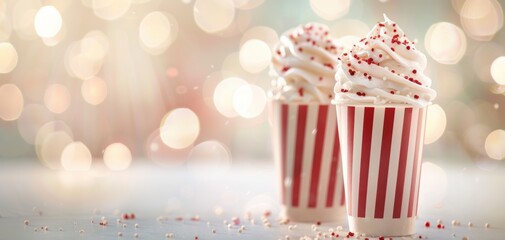 Delicious ice cream swirls in striped cups, surrounded by a dreamy blurred background with festive lights. Perfect for desserts.