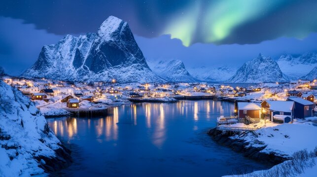 Amazing night cityscape of Reine town with snowy moutaines on background and Northern Lights. Popular travel destination.