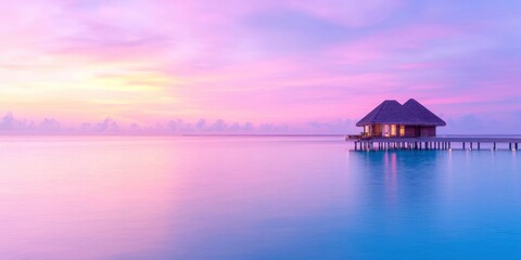 Incredible view of the sunset. opulent resort villas overlooking the sea, softly lit by colourful skies. Lovely dusk sky with vibrant clouds. Gorgeous beach backdrop for a holiday.