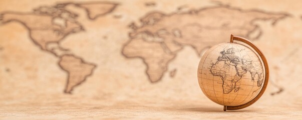An antique globe set against a vintage map backdrop. a focused selection. vintage-inspired. science, learning, travel, and a historical context. geography and history team.